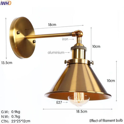 Industrial brass edison wall light featuring a brass-finished conical shade and iron arm in adjustable bathroom sconce design