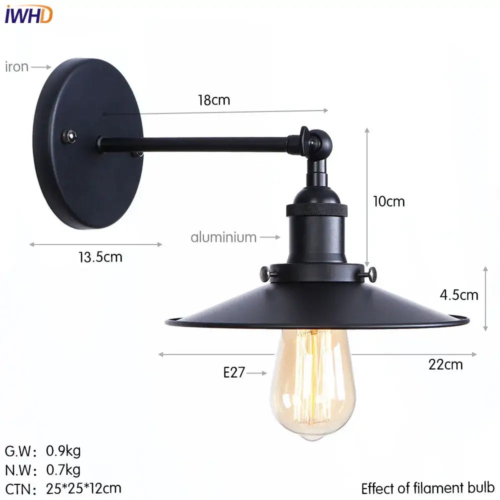 Black industrial wall light with matte iron plate aluminum arm and vintage filament bulb for decorbites brass edison bathroom