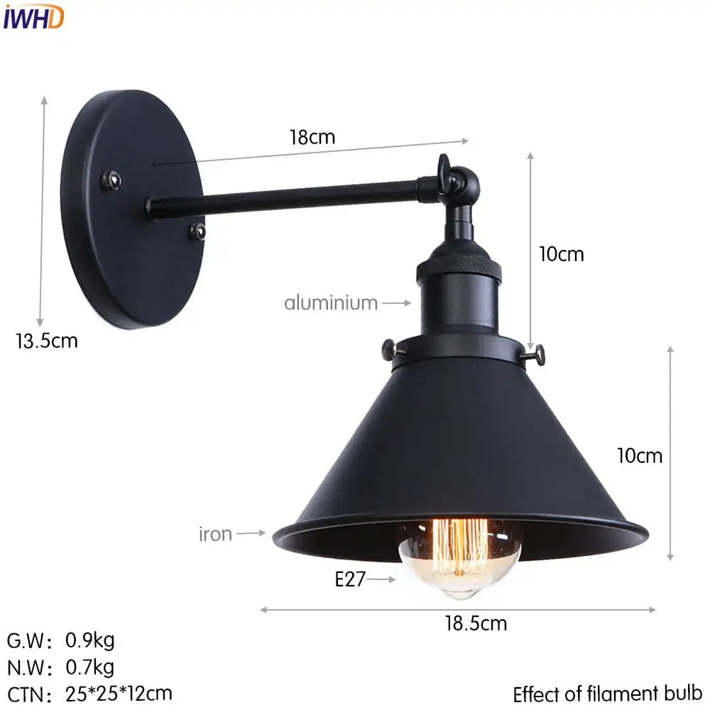Black industrial brass edison wall light with adjustable arm and matte iron aluminum conical shade by decorbites brass edison wall