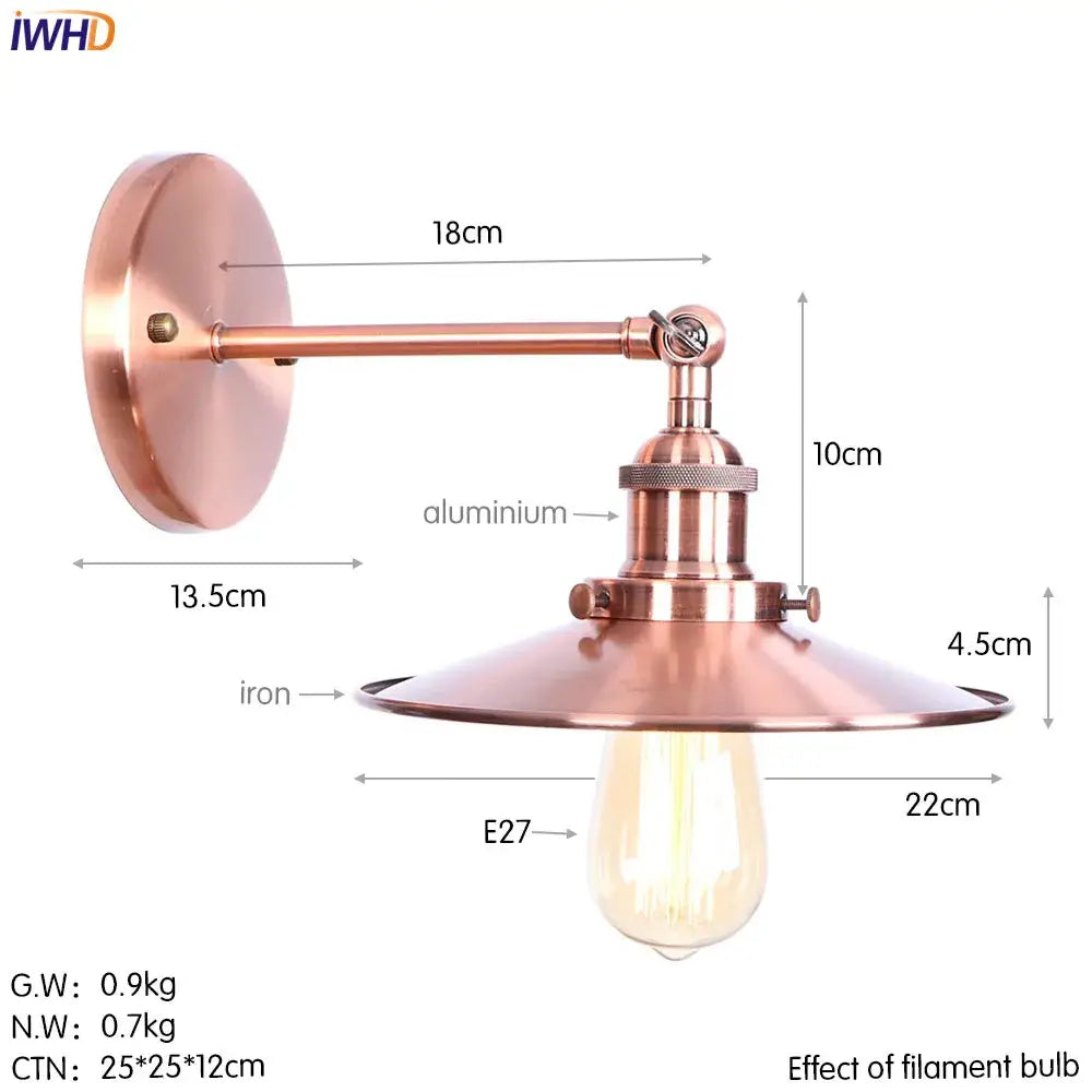 Industrial brass edison wall light with copper finish wide conical shade aluminum arm and iron base decorbites brass edison