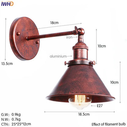 Rust-colored industrial brass edison wall light with iron and aluminum conical shade and exposed filament bulb decorbites brass edison