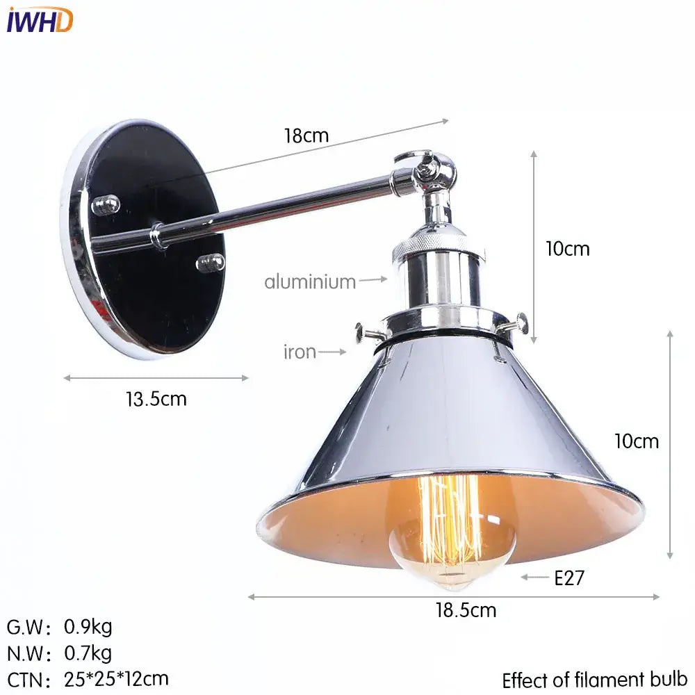 Industrial-style chrome wall light with conical shade and exposed bulb for decorbites brass edison wall sconce use