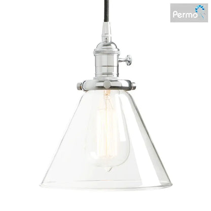 Chrome finished industrial pendant light with clear funnel flared glass shade and exposed edison bulb by decorbites funnel flared