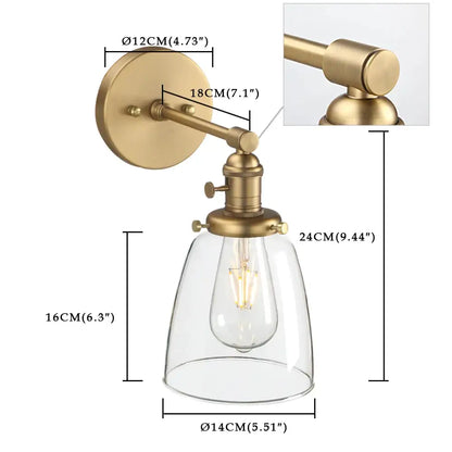 Industrial brass glass wall sconce light with clear glass shade and exposed edison bulb for bedroom use