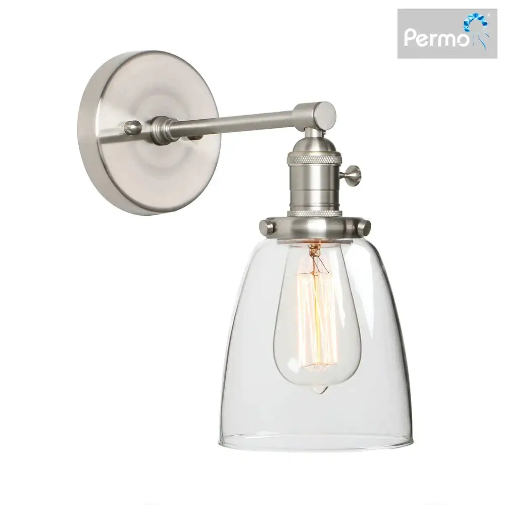 Industrial brass glass wall sconce light with brushed nickel finish and clear glass shade featuring exposed filament bulb