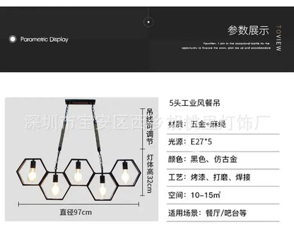 Industrial brass hexagonal pendant light with black and antique gold finish and five hanging bulbs for dining decorbites industrial style