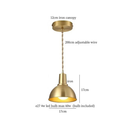 Industrial brass iron art led pendant light with brass finish twisted wire suspension and dome-shaped shade for decorbites kitchen decor