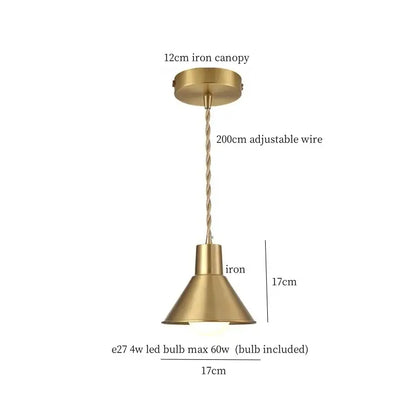 Brass-finished iron art led pendant lights with conical shade and twisted wire suspension for kitchen decorbites decor
