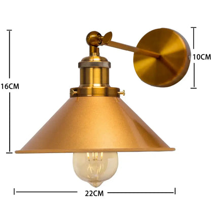 Industrial brass led wall lamp with conical shade and exposed edison bulb for bedroom sconce lighting