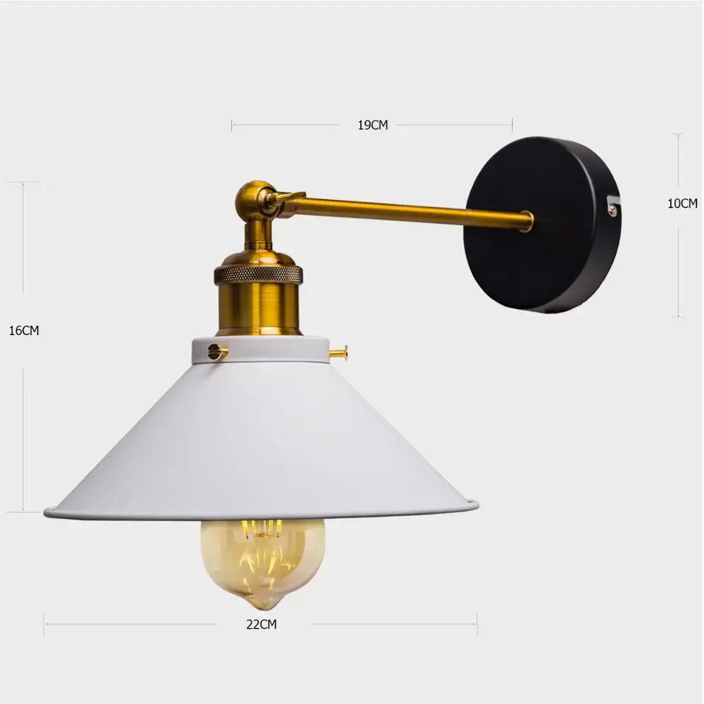 Vintage-style industrial brass led wall lamp with white conical shade and exposed Edison bulb for bedroom lighting