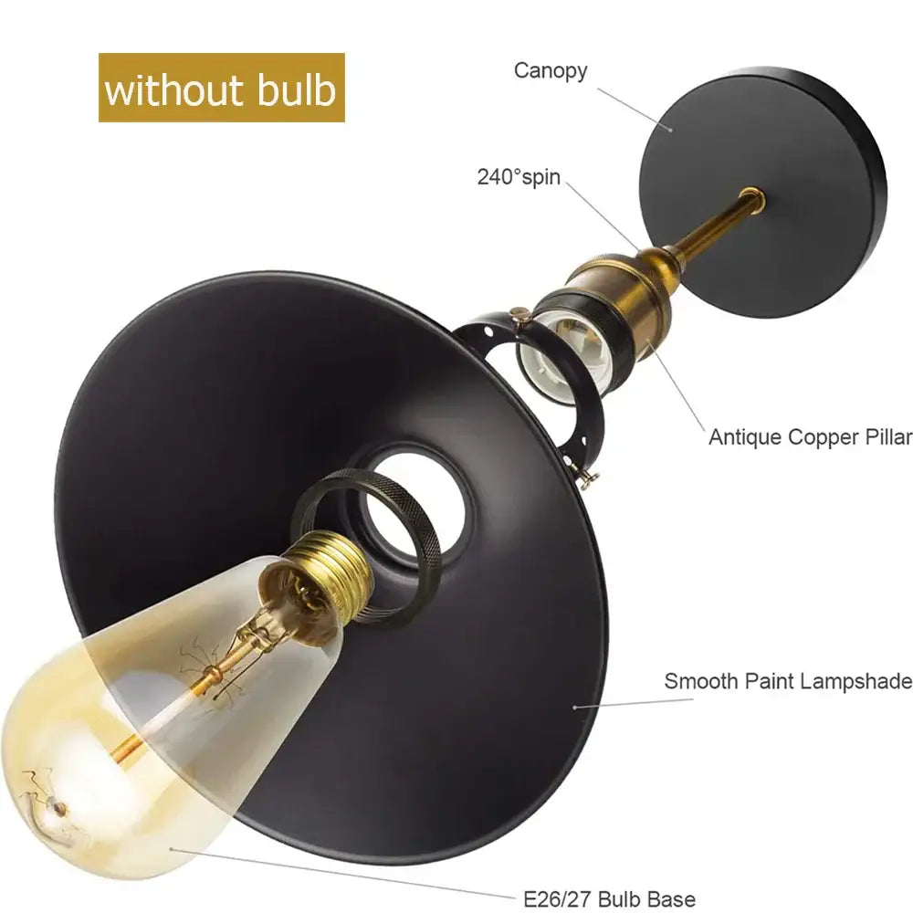 Industrial brass led wall lamps with black smooth paint lampshade and antique copper pillar featuring 240° spin
