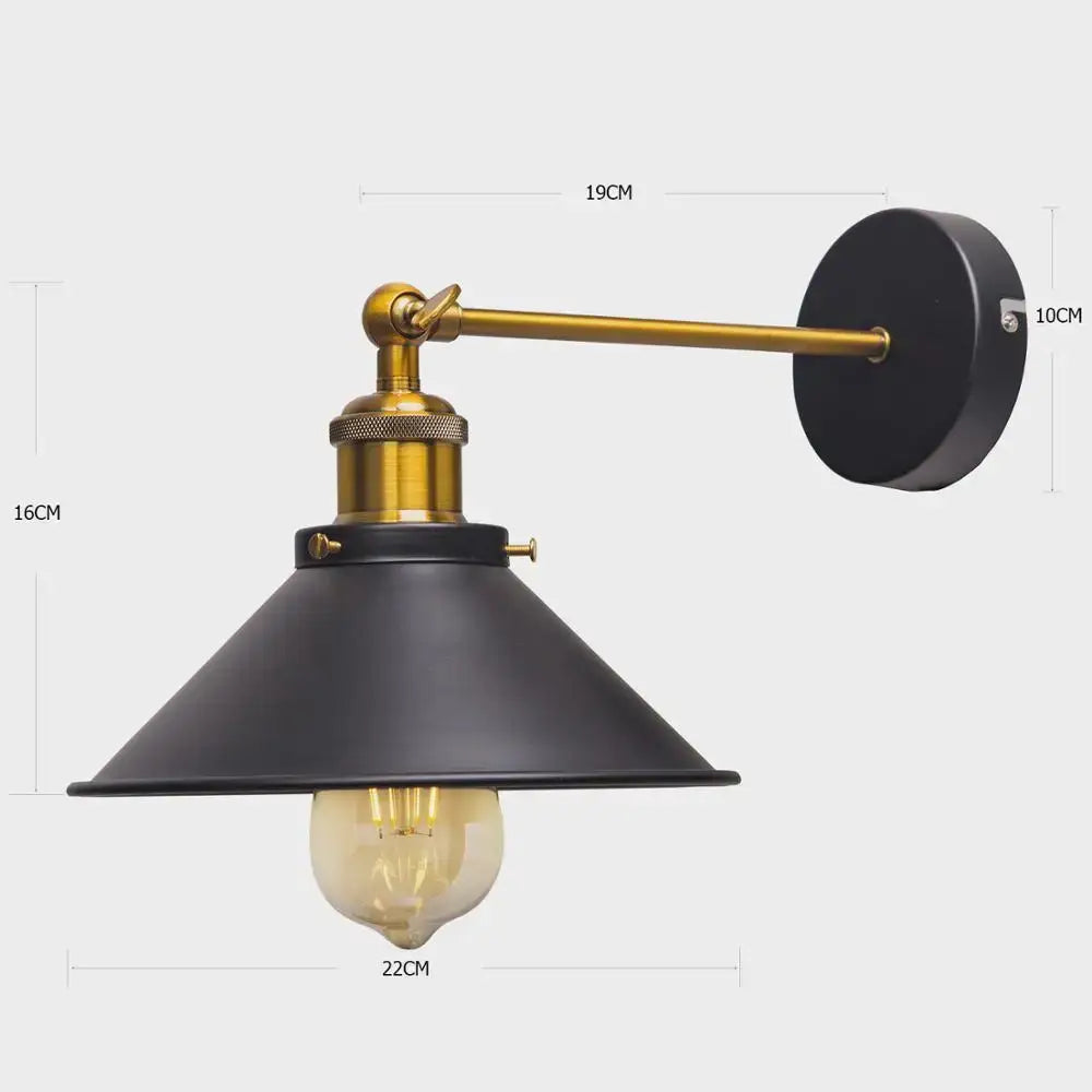 Industrial brass led wall lamps with matte black conical shade and brass arm featuring exposed edison bulb wall lamps