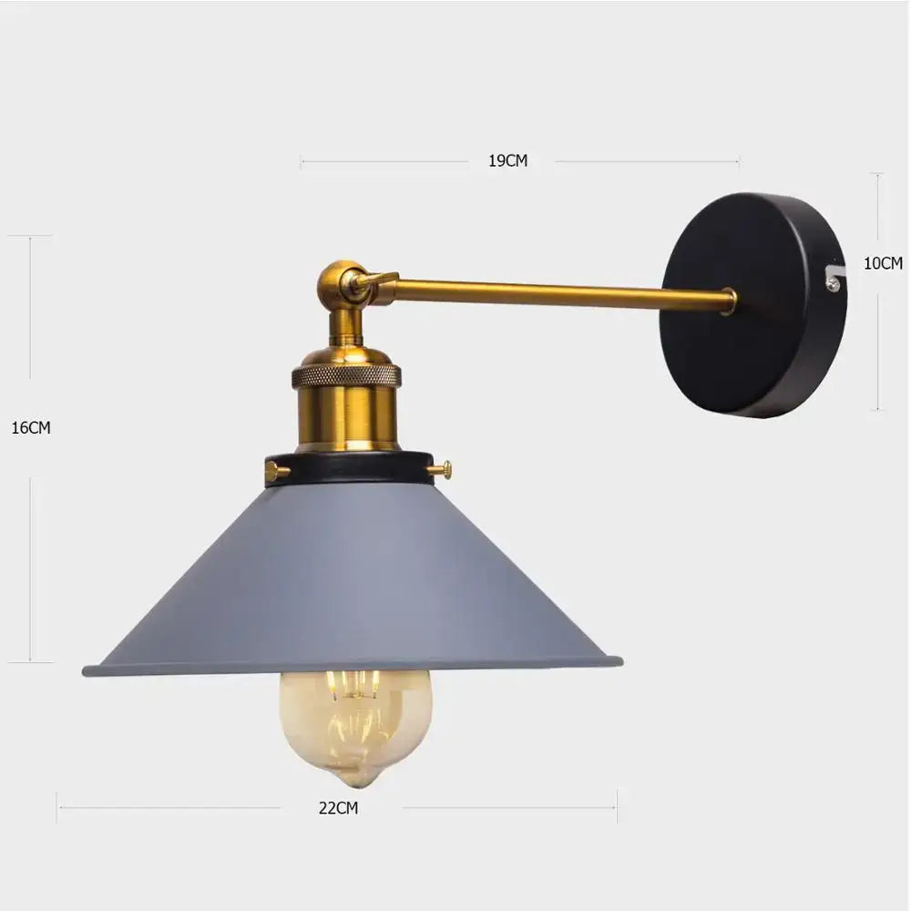 Industrial brass led wall lamps with matte gray conical shade brass arm and exposed edison bulb for bedroom use