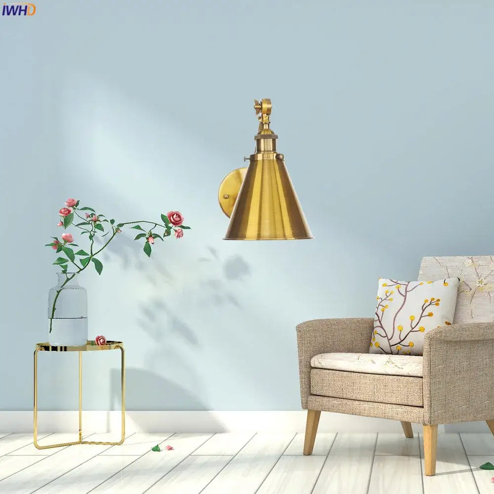 Brass conical long arm led wall light with circular backplate industrial style bedroom sconce