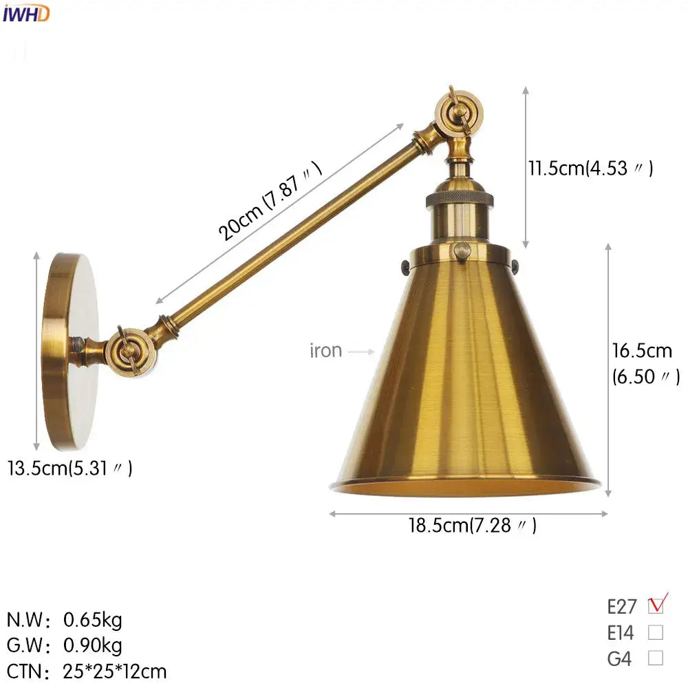 Brass-finished industrial-style long arm led wall light with conical shade and adjustable arm for bedroom sconce use