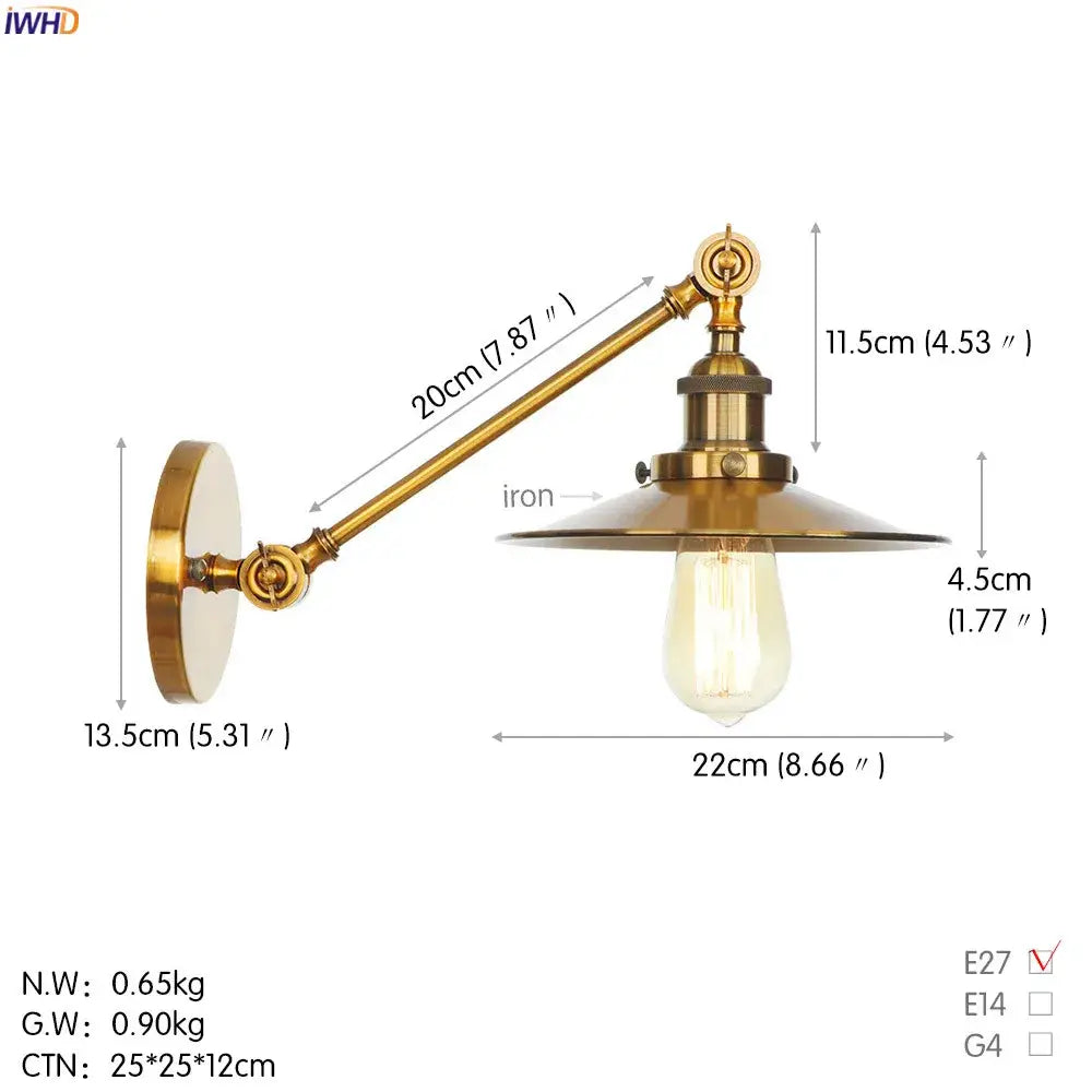 Brass-finished industrial long arm led wall light with curved arm and wide shallow shade for bedroom sconce use