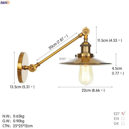 Brass-finished industrial long arm led wall light with curved arm and wide shallow shade for bedroom sconce use