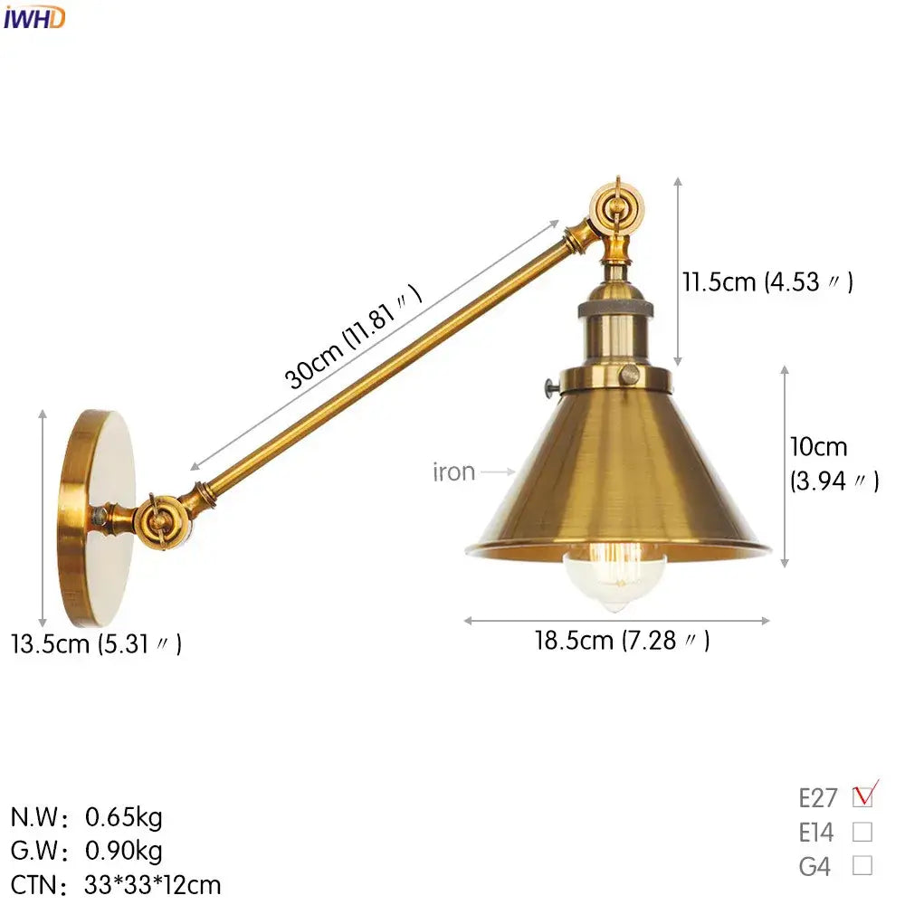 Brass-finished industrial long arm led wall light with conical shade for bedroom sconce lighting