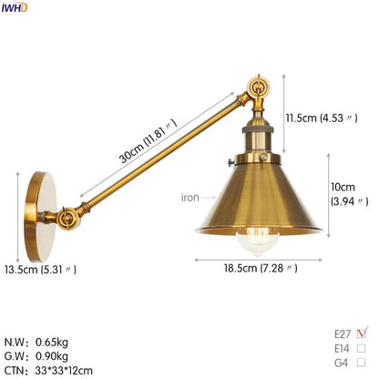 Brass-finished industrial long arm led wall light with conical shade for bedroom sconce lighting