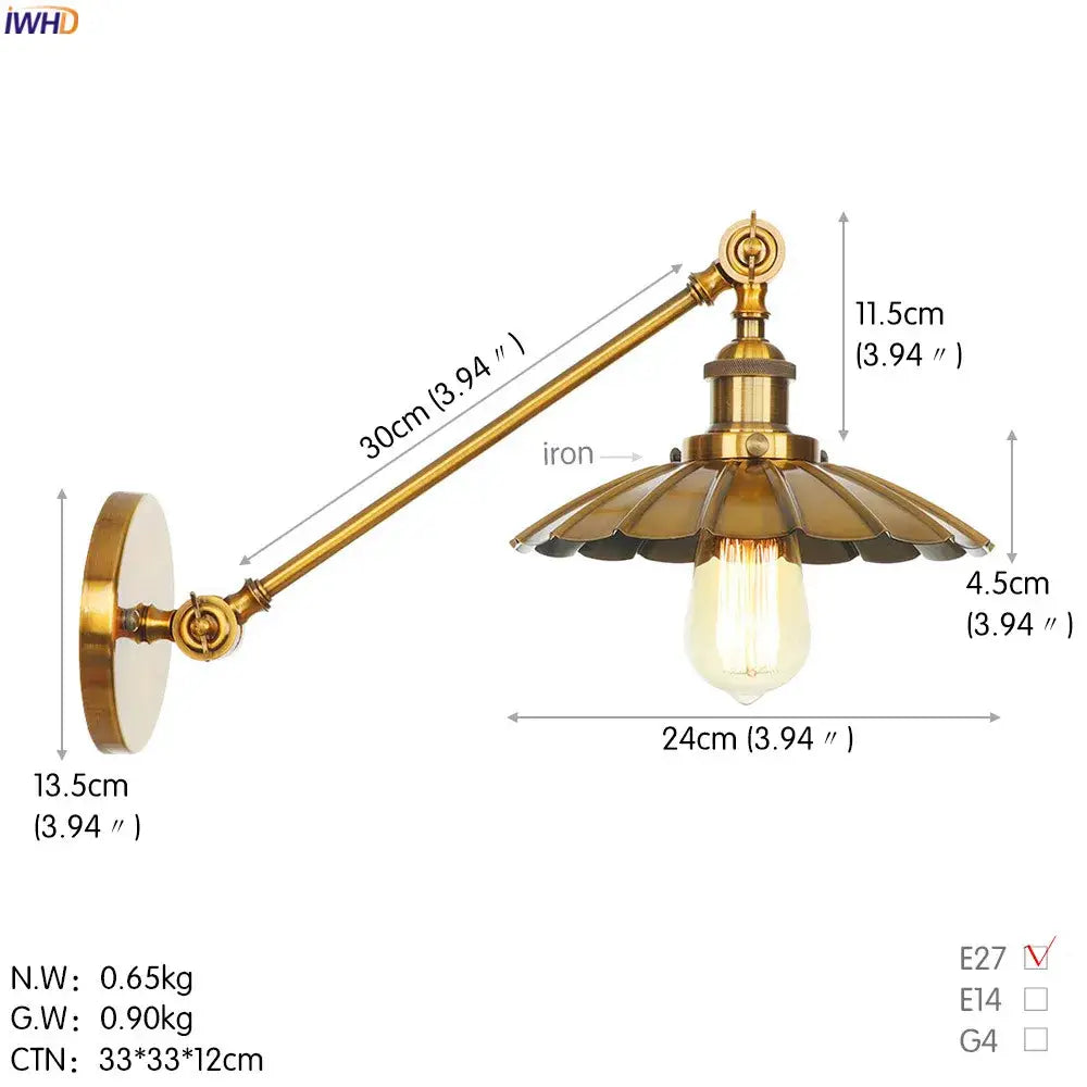 Industrial brass long arm led wall light featuring a fluted shade and exposed edison bulb for bedroom sconce use