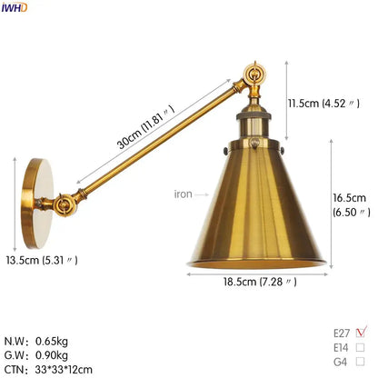 Brass-finished industrial-style long arm led wall light with conical shade and adjustable arm for bedroom sconce use