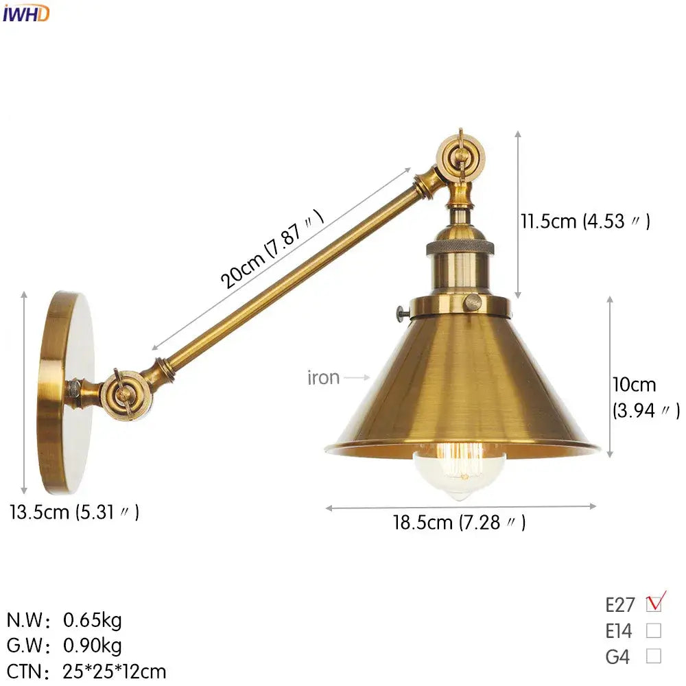 Brass-finished industrial long arm led wall light with adjustable arm and conical shade for bedroom sconce use