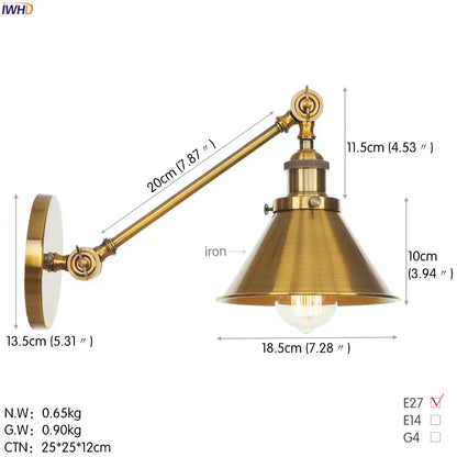 Brass-finished industrial long arm led wall light with adjustable arm and conical shade for bedroom sconce use