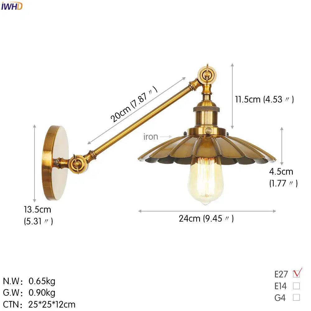 Brass-finished industrial long arm led wall light with fluted shade and exposed Edison bulb for bedroom sconce use