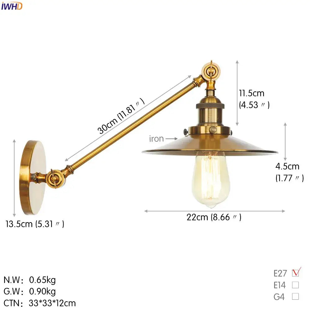 Brass-finished industrial long arm led wall light with adjustable arm and vintage Edison bulb for bedroom sconce