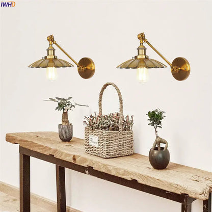 Industrial brass long arm led wall light with fluted shades and exposed bulbs for bedroom sconce lighting