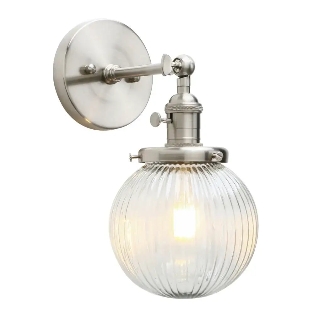 Vintage-style industrial brass ribbed glass wall sconces with brushed nickel finish and clear ribbed glass globe for kitchen decorbites industrial ribbed lighting
