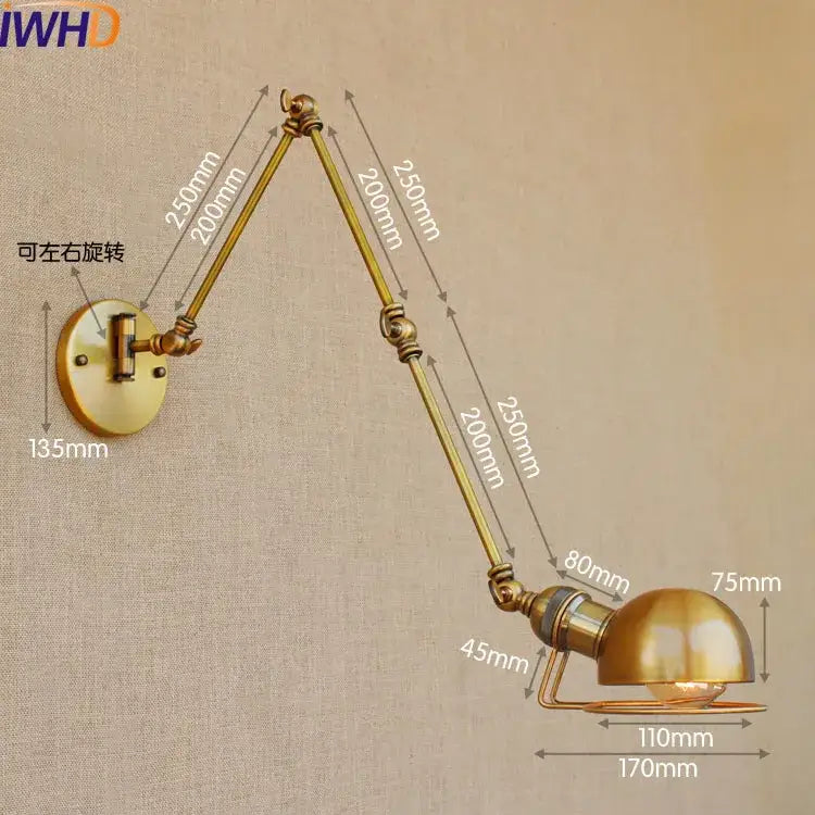Industrial brass swing arm led wall lamp with articulated arms and dome shade for bedroom reading light