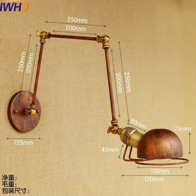 Antique brass-finished adjustable industrial led wall lamp with dome shade and articulated arms for bedroom reading