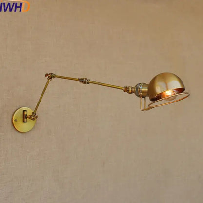 Industrial brass swing arm led wall lamp with brass finish dome shade and exposed filament bulb for bedroom reading