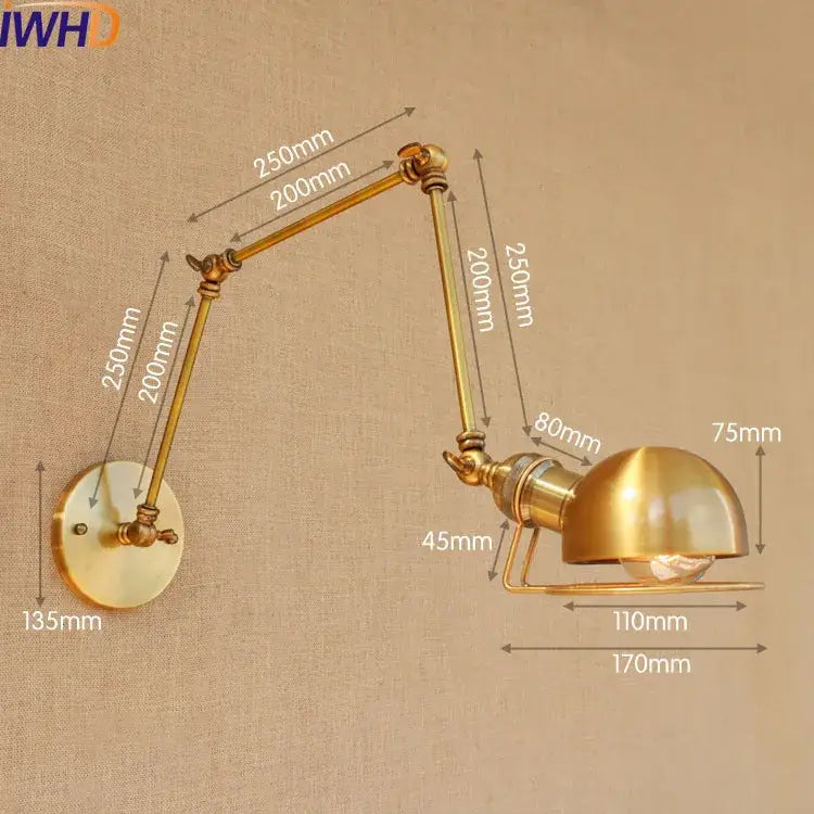 Brass-finished industrial led wall lamp with adjustable swing arm and dome-shaped shade for bedroom reading light