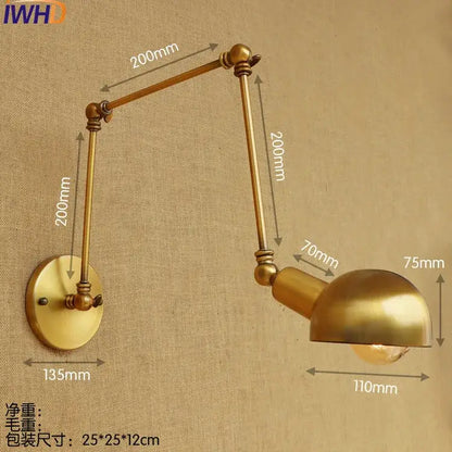 Brass-finished industrial led wall lamp with adjustable articulated arms for bedroom reading light use