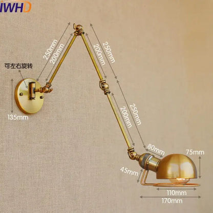 Industrial brass swing arm led wall lamp with adjustable articulated arms and dome-shaped shade for bedroom reading light
