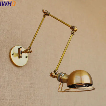 Brass-finished industrial led wall lamp with adjustable swing arm and dome-shaped shade for bedroom reading