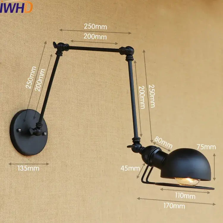 Black matte adjustable wall lamp with articulated arms and dome-shaped shade for led wall bedroom reading light