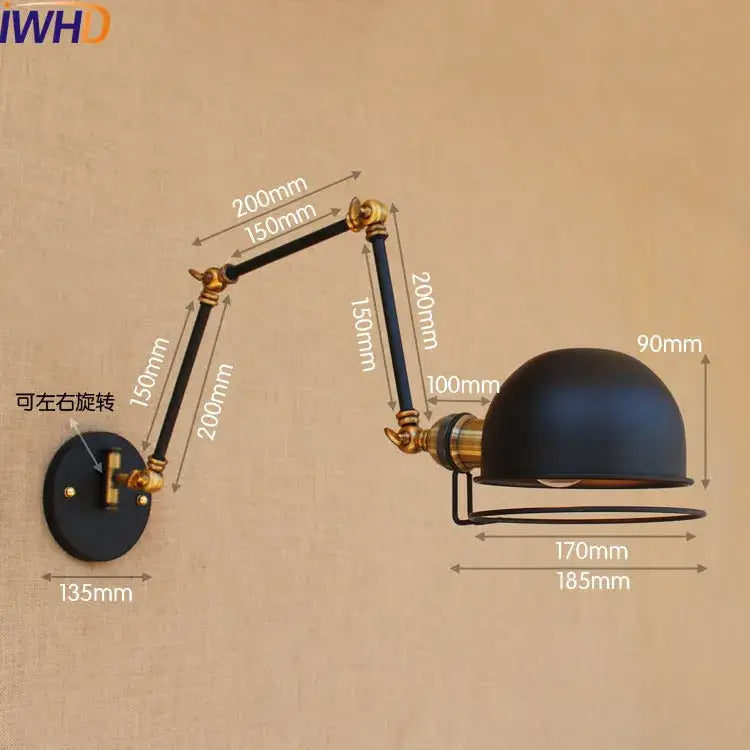 Industrial brass swing arm led wall lamp with black matte finish and brass accents for bedroom reading light