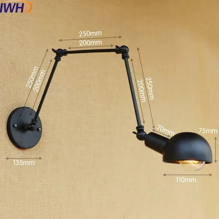 Black industrial-style adjustable led wall lamp with articulated arms and dome-shaped lamp head for bedroom reading light