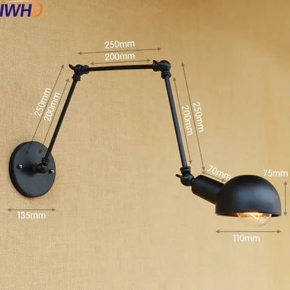 Black industrial-style adjustable led wall lamp with articulated arms and dome-shaped lamp head for bedroom reading light