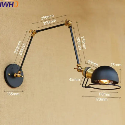 Industrial brass swing arm led wall lamp with black and brass adjustable dome shade for bedroom reading light
