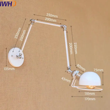 White adjustable industrial brass swing arm led wall lamp with chrome joints and dome-shaped glass shade for bedroom reading