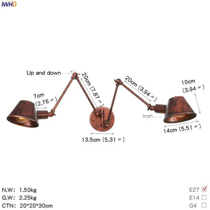 Copper-finished iron wall sconce with double-arm conical shades and industrial swing arm for bedroom reading decorbites industrial swing