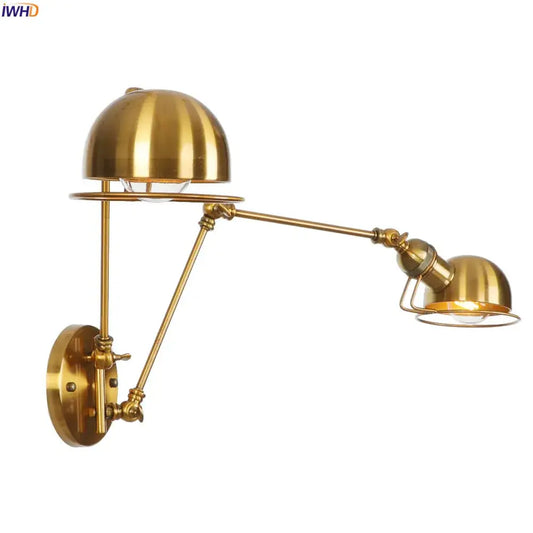 Brass-finished industrial swing arm wall sconce with two dome shades and articulated arms for bedroom reading lamp decorbites industrial swing