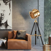 Golden brass-finished decorbites™ industrial-style floor lamp with tripod base metal shade compatible with led incandescent fluorescent 220v-240v 110v-120v