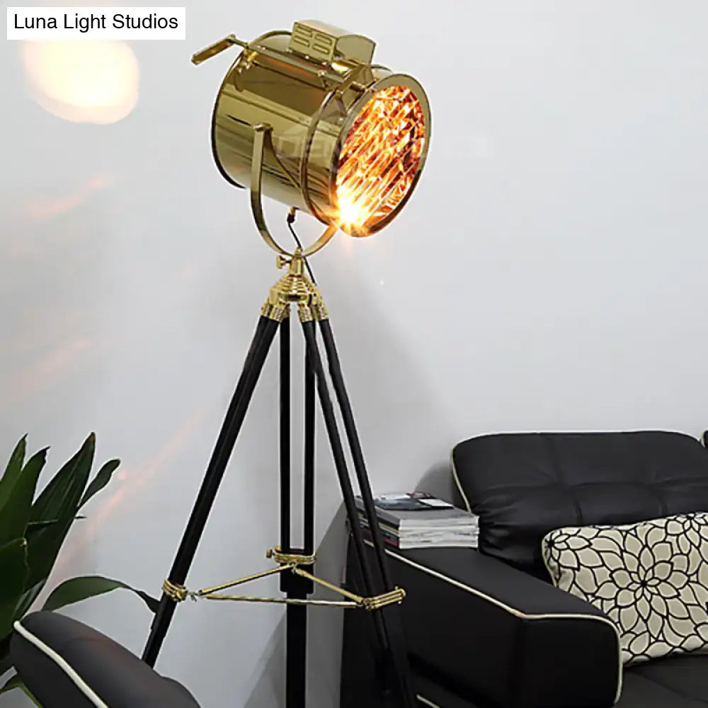 Golden vintage-style spotlight lamp with brass finish black tripod legs metal shade compatible with 220v-240v led bulbs