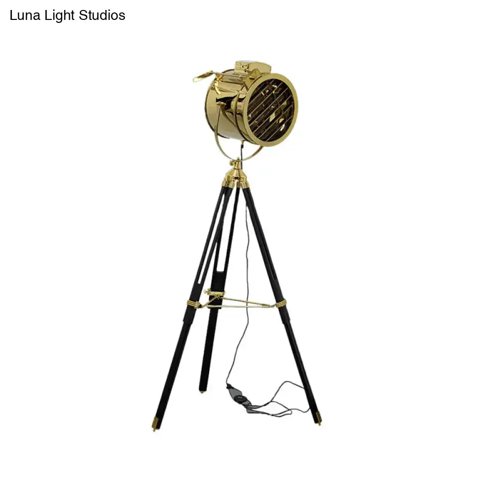 Gold-finished vintage-style floor lamp with metal shade, tripod black legs, compatible with 220v-240v led incandescent fluorescent bulbs