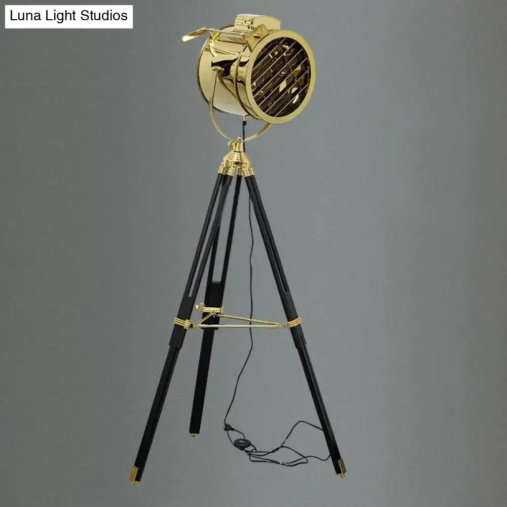Gold-finished vintage style floor lamp with black wood tripod base and metal shade compatible with led incandescent fluorescent 220v-240v 110v-120v